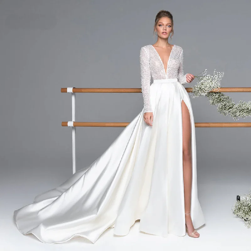 Super Low Prices Luxury Long Sleeve Satin Wedding Dress