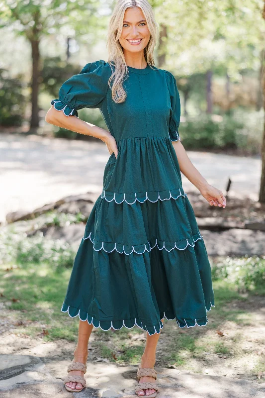 Weekend Buy More Save More Making It Happen Hunter Green Scalloped Midi Dress