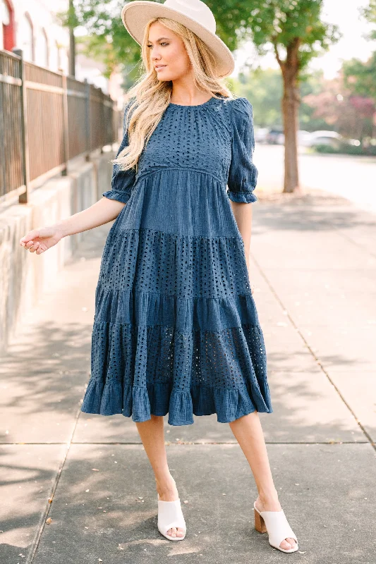 Weekend Top Offers Making Moves Navy Blue Eyelet Midi Dress