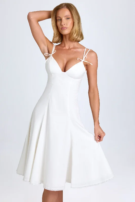 Hurry, Don’t Miss Out Bow-Detail Lace-Trim A-Line Midi Dress in White