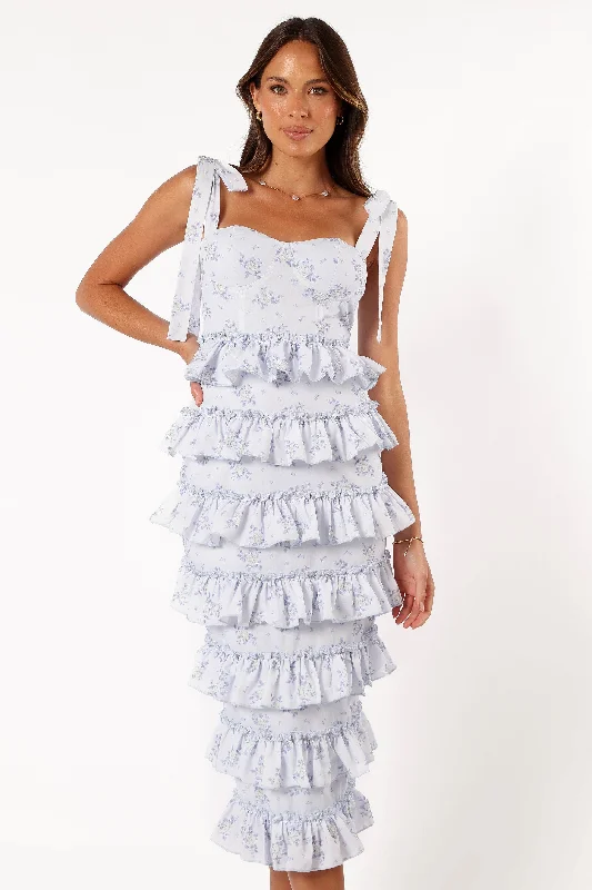 Flash Shopping Deal Marina Frilled Midi Dress - Blue Floral