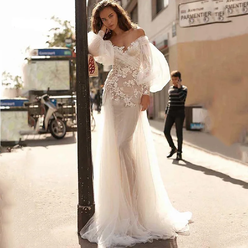 Flash Shopping Deal Mermaid Scoop Boho Long Puff Sleeve Wedding Dress