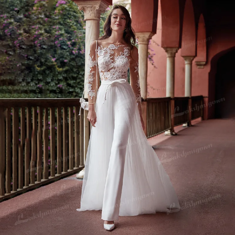 Best Deal of the Day Modern Long Sleeve Jumpsuit Wedding Dress Scoop Neck White Lace Appliques Boho Bridal Dress with Detachable Train Robe Mariee Best Deal of the Day Modern Long Sleeve Jumpsuit Wedding Dress Scoop Neck White Lace Appliques Boho Bridal Dress with Detachable Train Robe Mariee