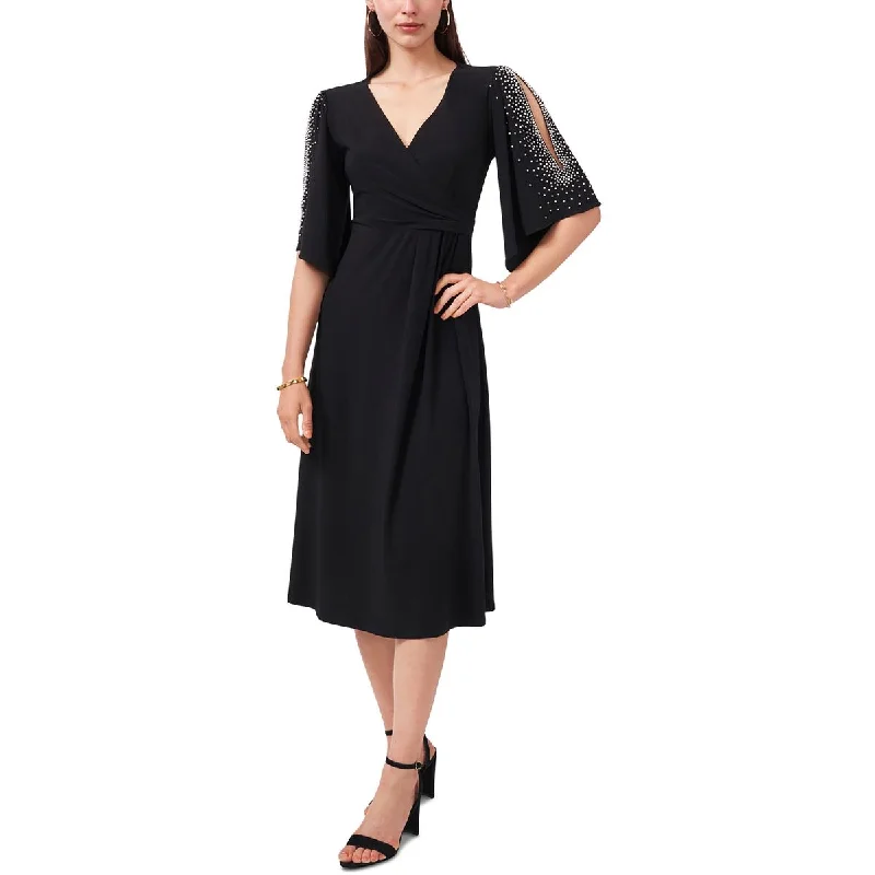 MSK Womens Petites Faux Wrap Beaded Midi Dress