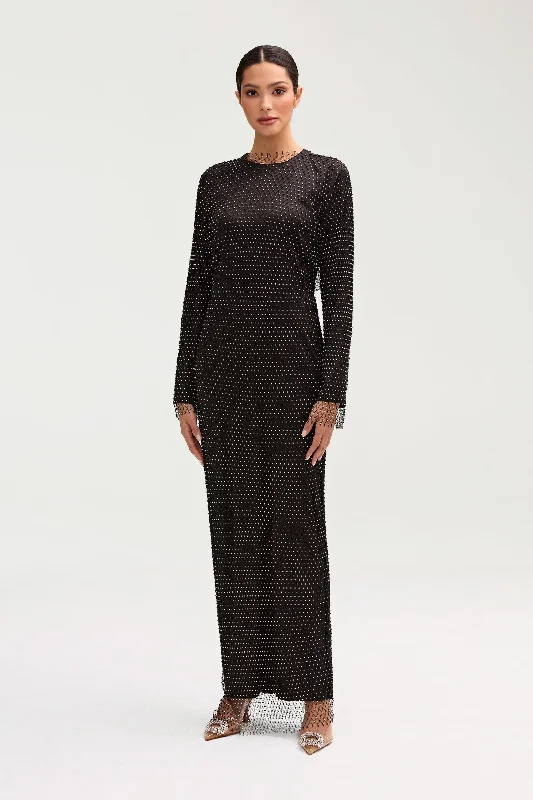 Savings Galore Naila Satin Crystal Mesh Maxi Dress - Black