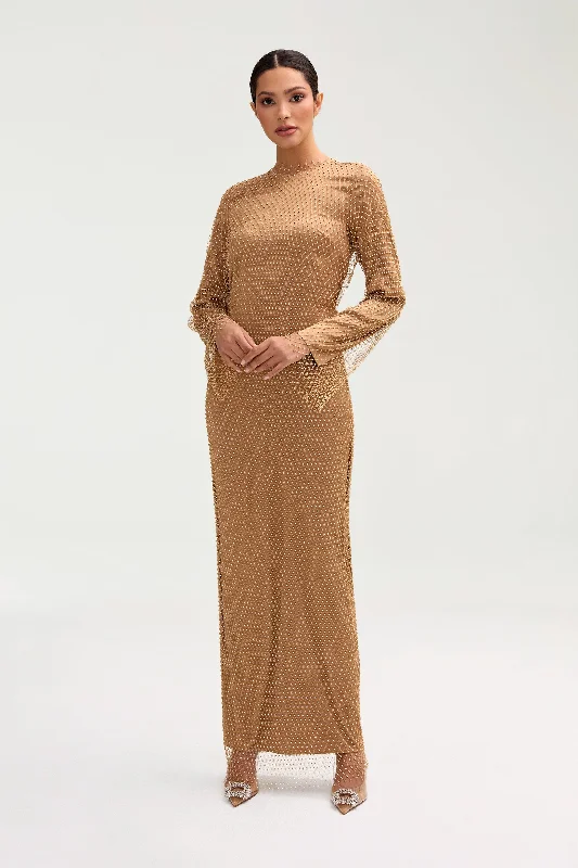 Sale Alert Naila Satin Crystal Mesh Maxi Dress - Champagne