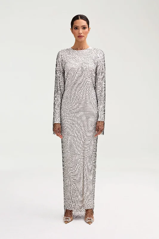 Special Shopping Event Naila Satin Crystal Mesh Maxi Dress - White