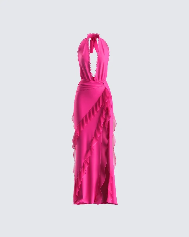 Weekend Exclusive Bargains Nandi Hot Pink Ruffle Maxi Dress