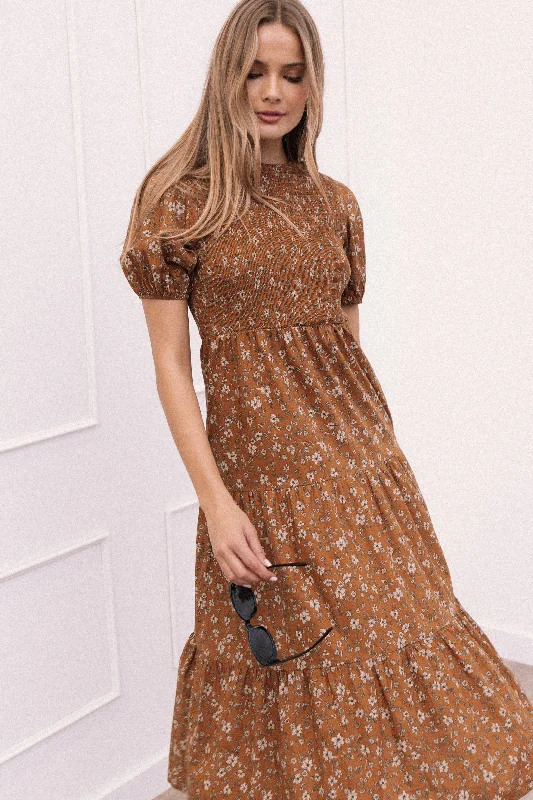 Seasonal Sale Naura Shirred Tiered Midi Dress - Cognac Floral