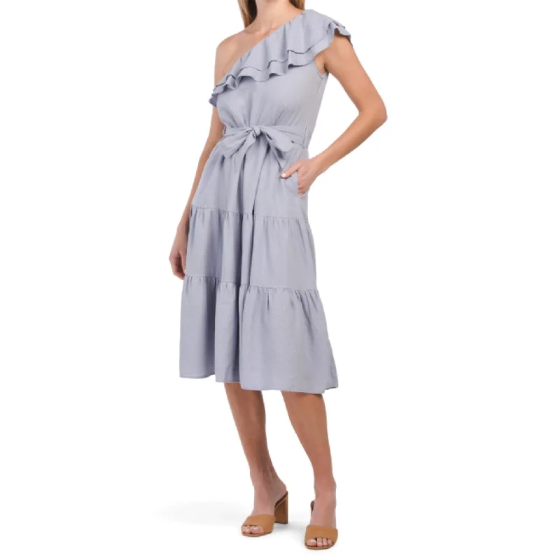 Nicole Miller Asymmetrical One Shoulder Ruffle Trim Linen Tiered Midi Dress