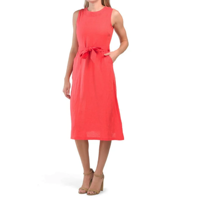 NICOLE MILLER Linen V-Back Tie Waist Fit & Flare Midi Dress