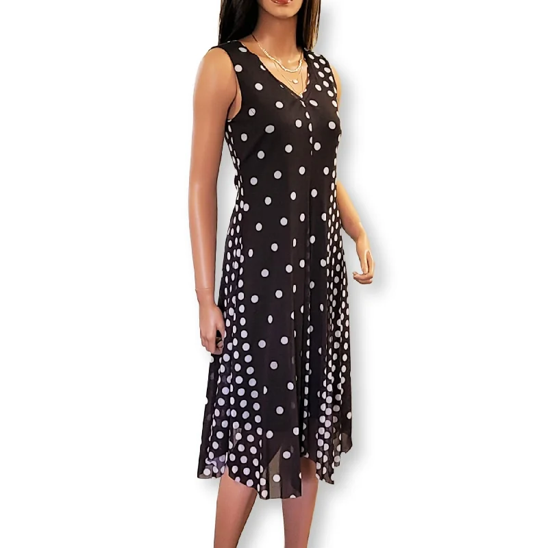 T TAHARI Polka Dot print Sharkbite Hem Mesh Overlay Midi Dress