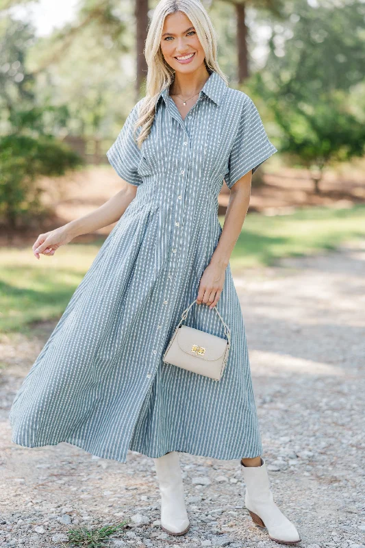Weekend Special Sale On Your Radar Dusty Olive Striped Midi Dress