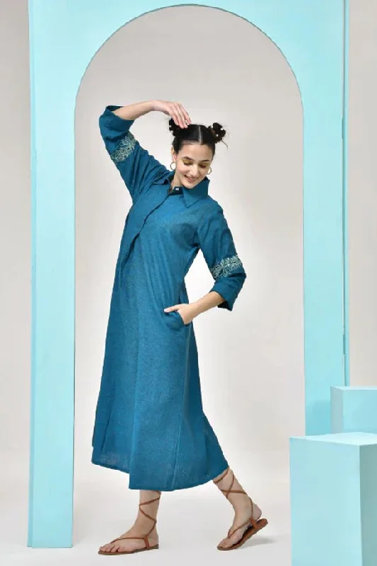 Weekend Shopping Spree Peacock Blue Embroidered Cotton Midi Dress