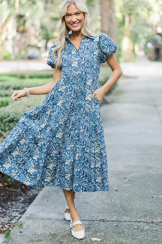 Weekend Flash Deals Perfect For You Navy Paisley Button Down Midi Dress