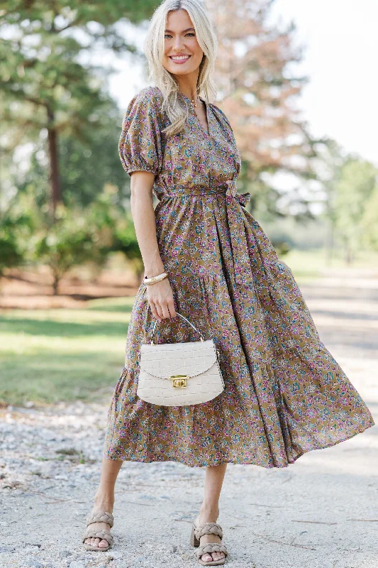 Weekend Shopping Fever Pinch: I Knew You Well Camel Brown Floral Midi Dress