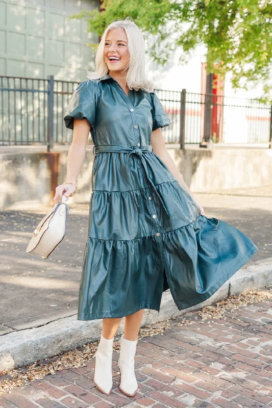 Weekend Mega Sale Event Pinch: More For You Hunter Green Faux Leather Midi Dress