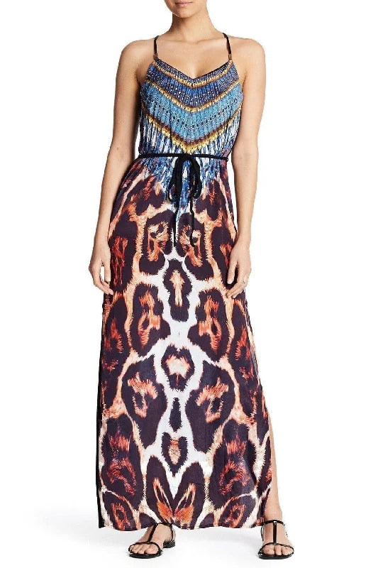 Printed T Back Maxi Dress with Front Pockets (Black)