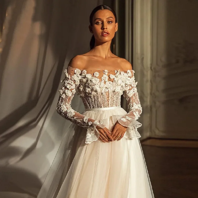 Shop & Get More Romantic 3D Floral Wedding Dress - Beaded Boat Neck with Long Sleeves Shop & Get More Romantic 3D Floral Wedding Dress - Beaded Boat Neck with Long Sleeves