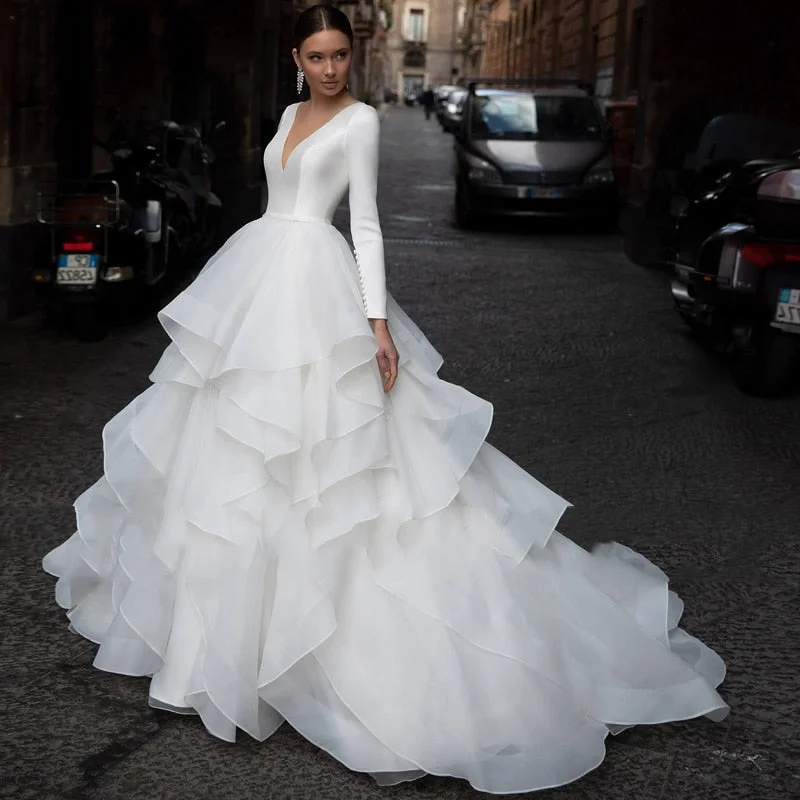 Deal of the Week Romantic V-Neck Long Sleeve Ruffles Beach Wedding Dress