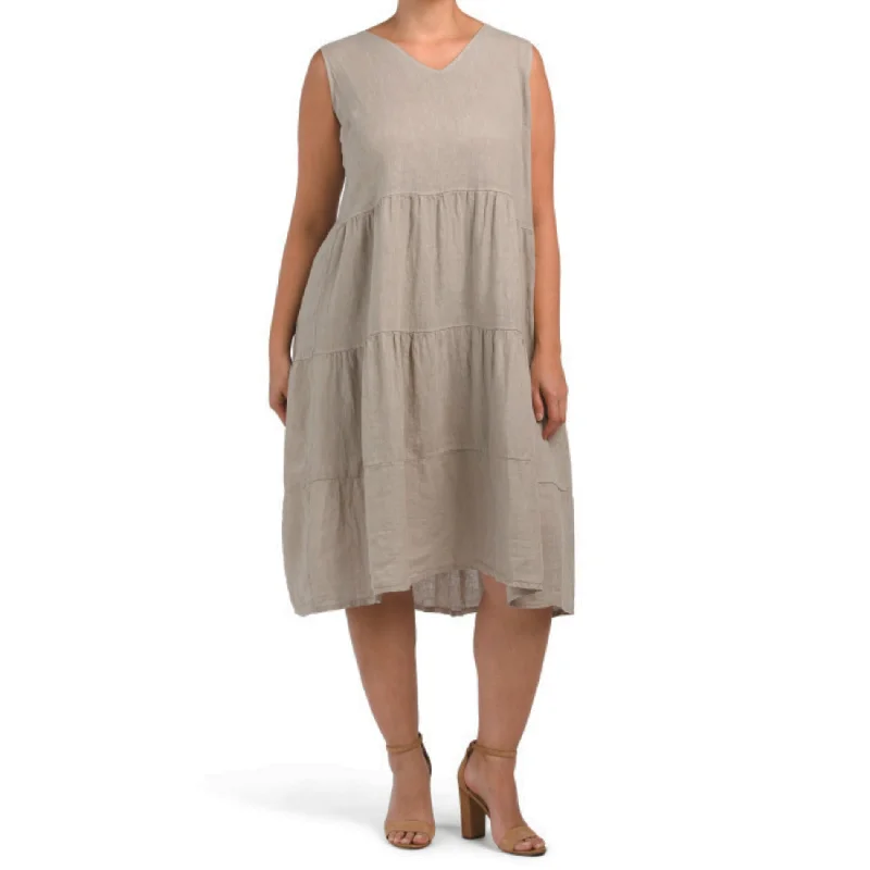 ROSEMARINE Plus Made In Italy Linen Sleeveless V-Neck Tiered Midi Dress