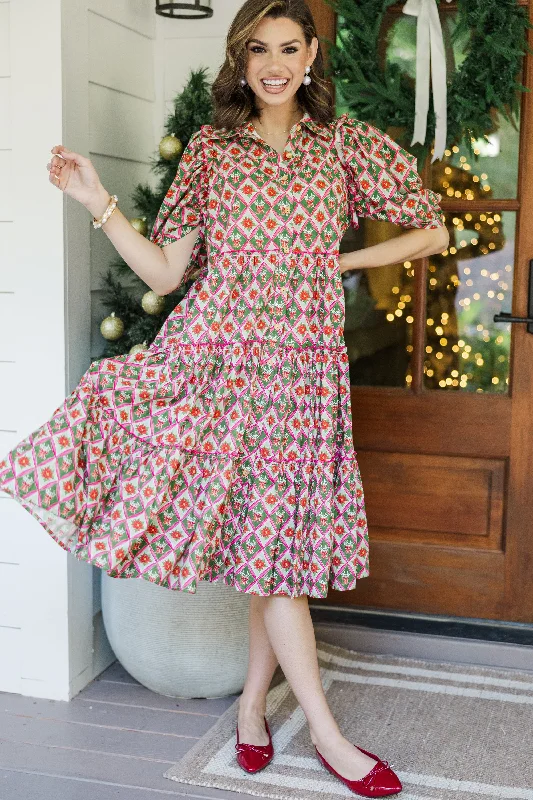 Weekend Bargain Weekends Run To You Green Holiday Medallion Print Midi Dress