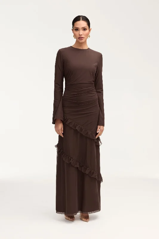 The Big Clearance Sabrina Waterfall Mesh Maxi Dress - Espresso