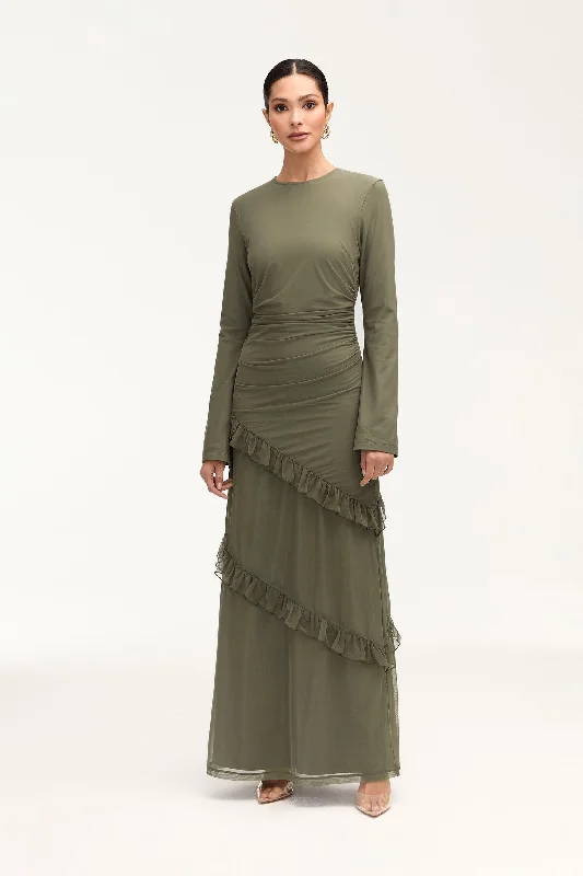 Shop & Save Now Sabrina Waterfall Mesh Maxi Dress - Smokey Olive