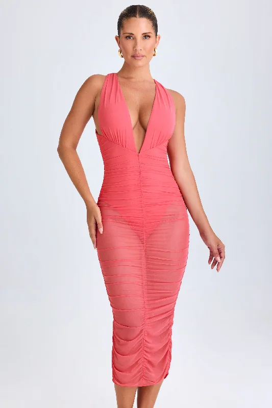 Seasonal Sale Ruched Plunge Midaxi Dress in Coral