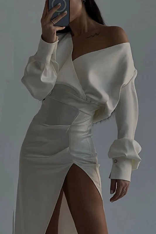 Weekend Flash Savings Satin Off Shoulder Gather Silt Dress