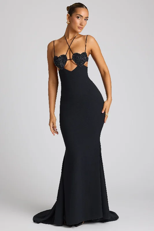 Weekend Shopping Fiesta Embellished Heart Cup Detail Evening Gown in Black