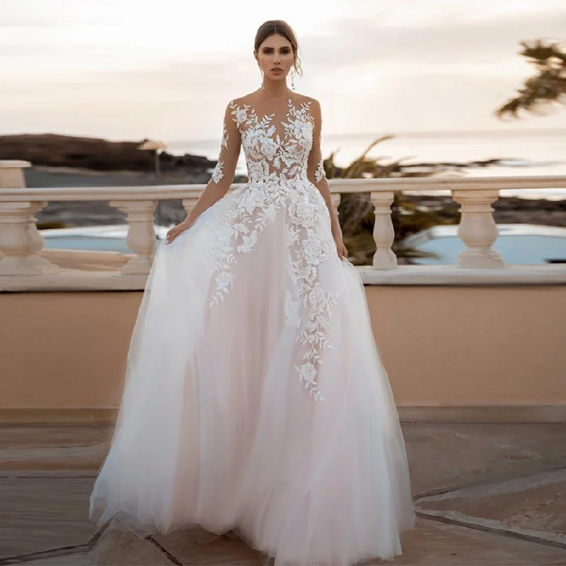 Limited Time Bargain Sheer 3/4 Sleeves Floral Applique Blush Wedding Dress