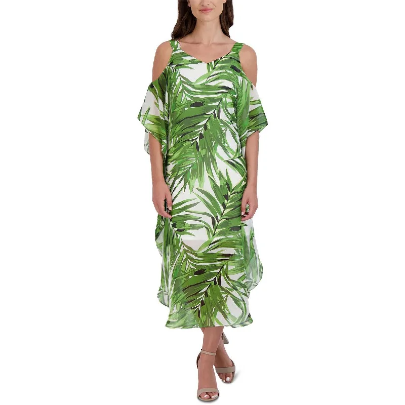 Hot Picks Signature By Robbie Bee Womens Printed Cold Shoulder Midi Dress