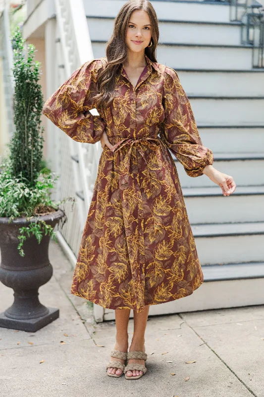 Weekend Sale Frenzy Somewhere Out There Brown Leaf Print Midi Dress