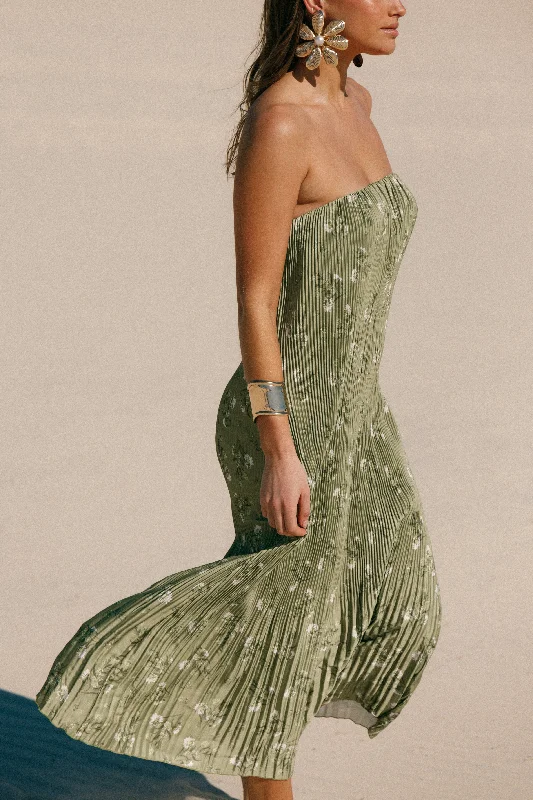 Exclusive Weekly Sale Sylvie Strapless Midi Dress - Sage Botanical