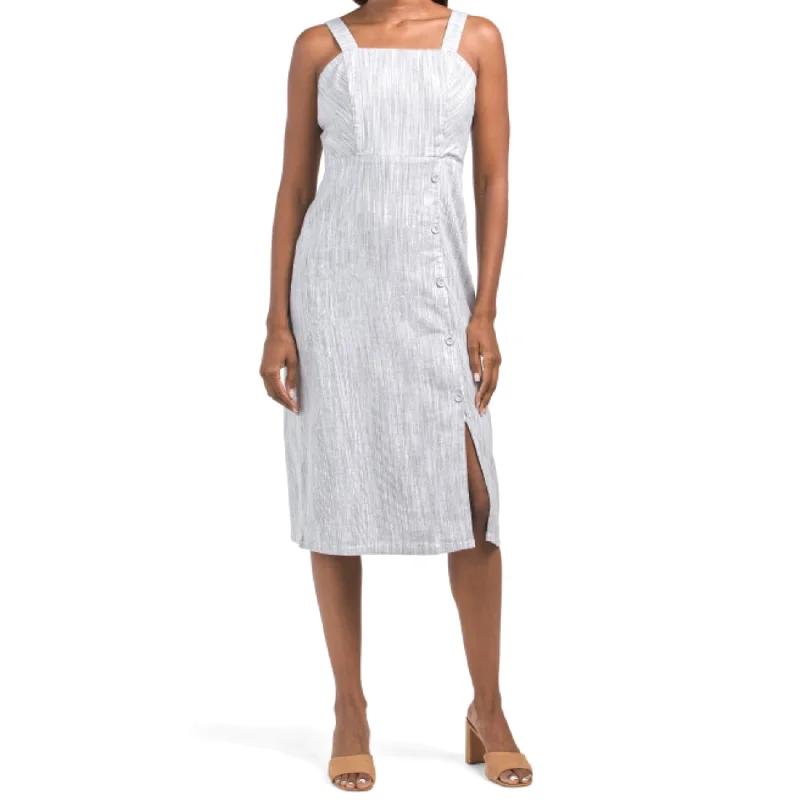 Tahari Linen Strappy Button Closure Stretch Striped Midi Dress