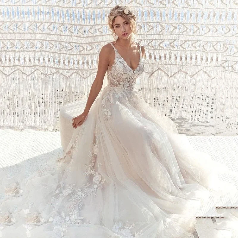 Exclusive Online Offers Light Champagne A-Line Tulle Wedding Gowns