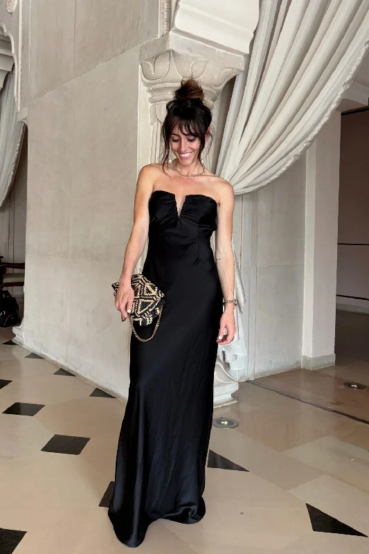 Valeria Black Strapless Satin Maxi Dress