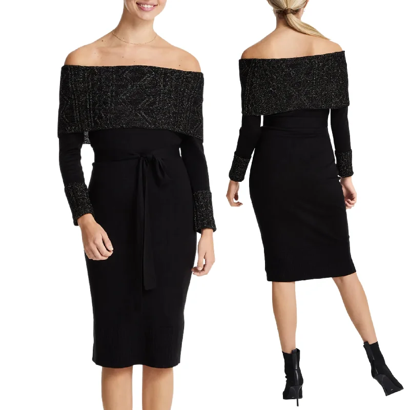 Vince Camuto Lurex Cuff Off the Shoulder Knit Cocktail Midi Dress Black