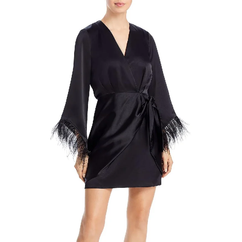 Weekend Shopping Extravaganza WAYF Womens Faux Feather Trim Mini Wrap Dress