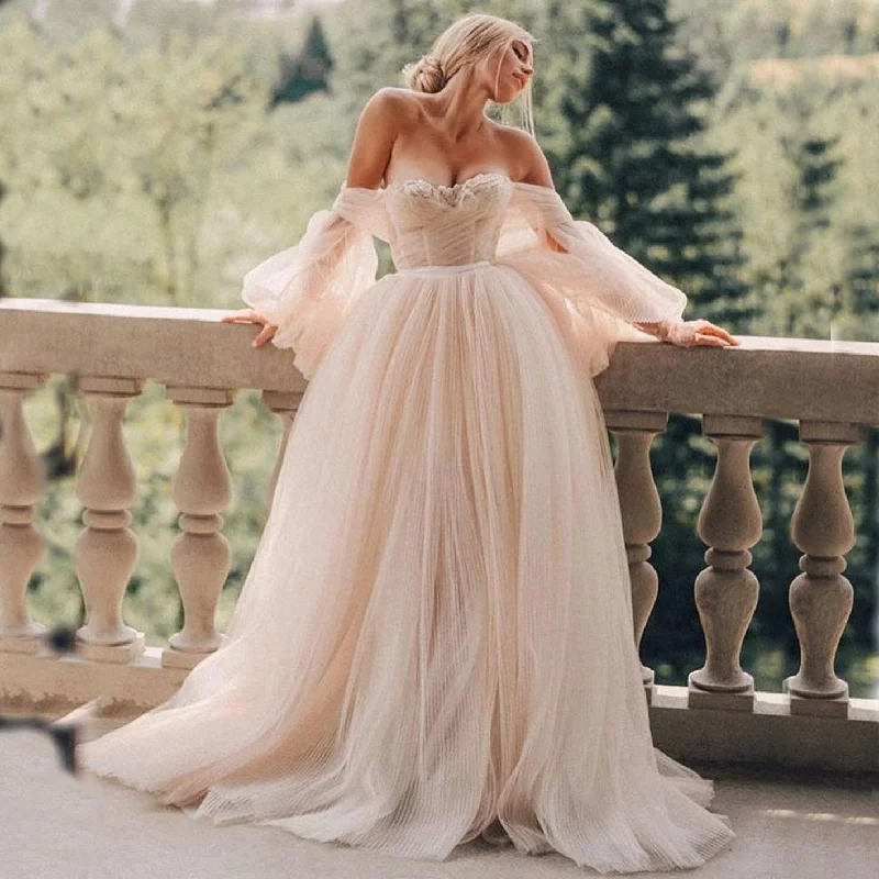 Flash Price Drops Long Puff Sleeve Champagne Off Shoulder Wedding Dress