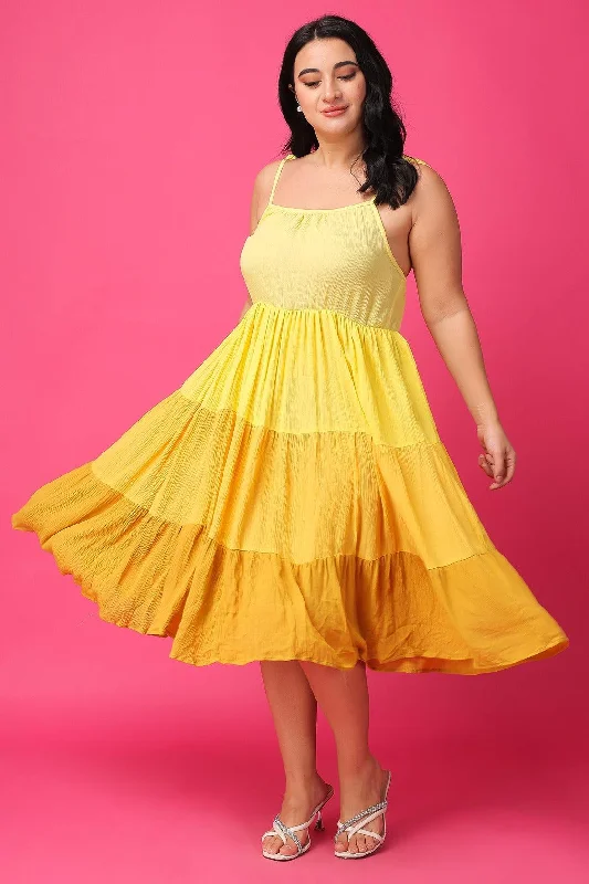 Yellow Solid Multilayered Midi Dress