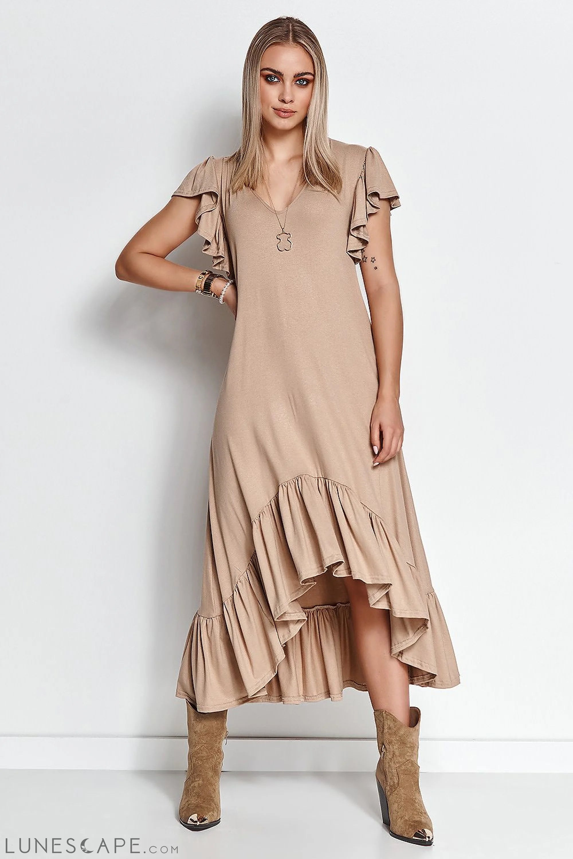 Weekend Flash Savings A-Symmetrical Ruffled Short Sleeve Midi Dress