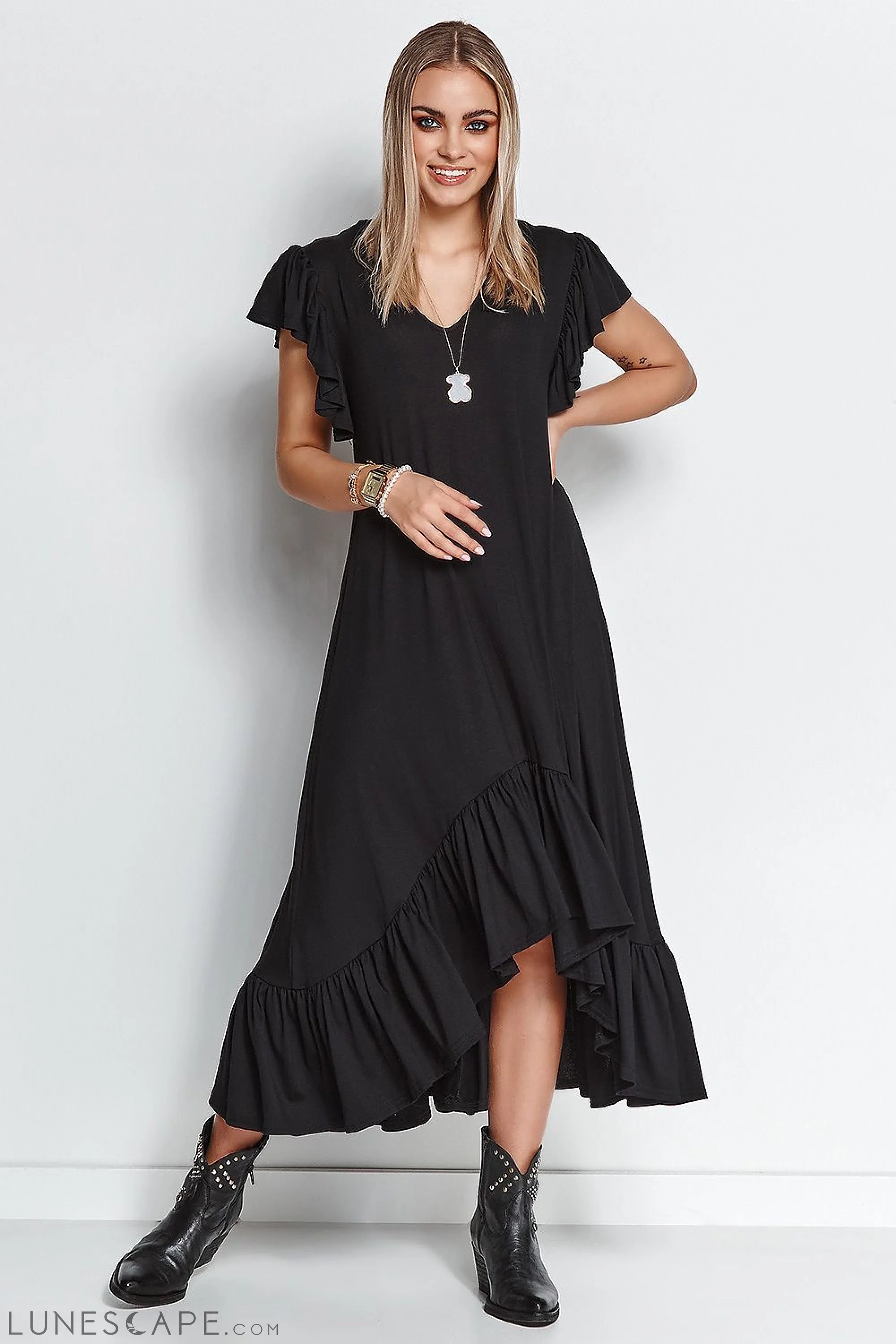 Weekend Exclusive Discounts A-Symmetrical Short Sleeved Ruffled Midi Dress