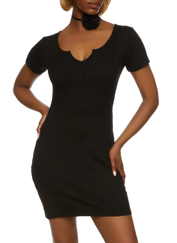 Weekend Steals Await Ribbed Notch Neck T Shirt Dress