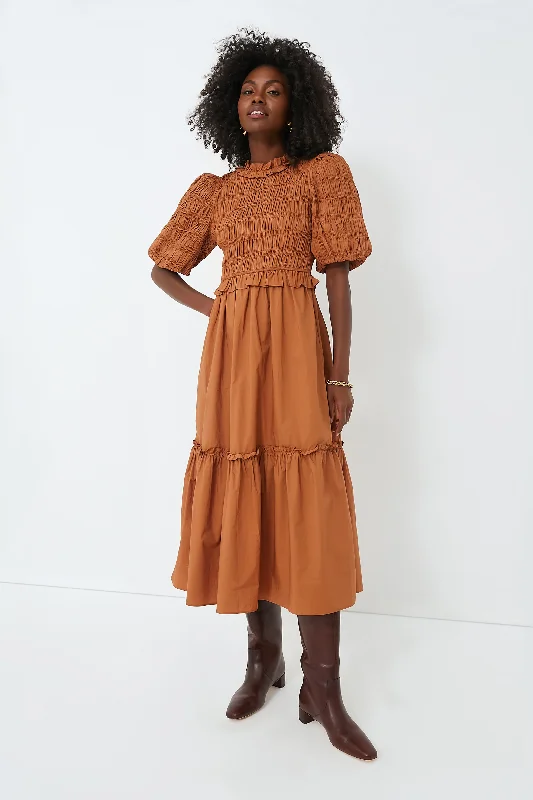 Extra Discount Exclusive Caramel Bubble Sleeve Smocked Midi Dress