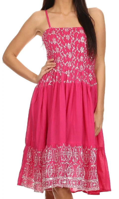Clearance Event Sakkas Irina Sequin Embroidered Smocked Bodice Mid Length Dress
