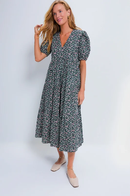 Weekend Offers and Savings Green & Pink Floral Tiered Sadie Midi Dress