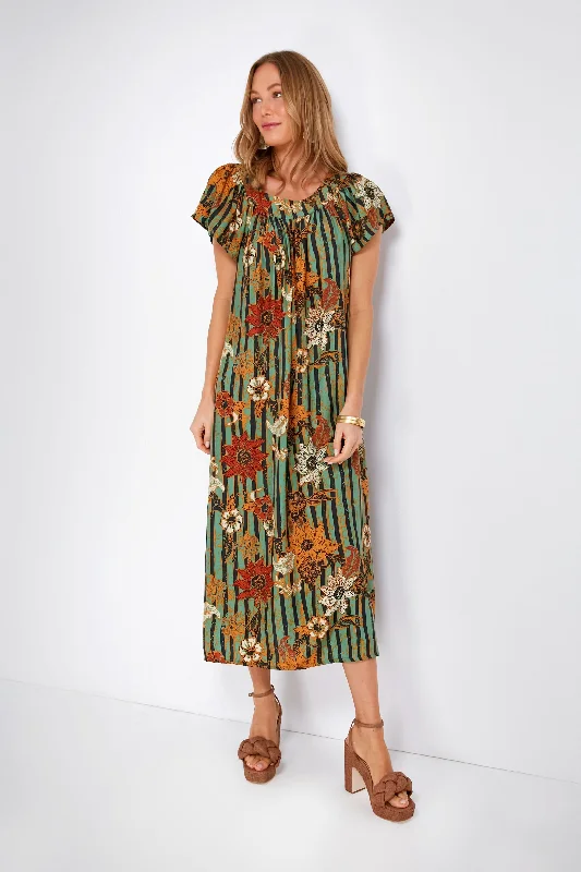 Mega Sale Green Sunflower Stripe Print Moss Sienna Midi Dress