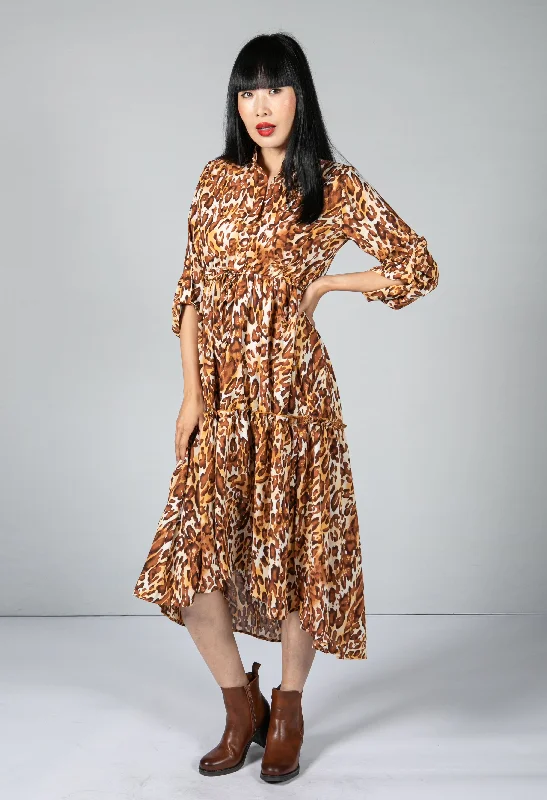 Weekend Deals Galore Leopard Print Tiered Shirt Dress In Brown